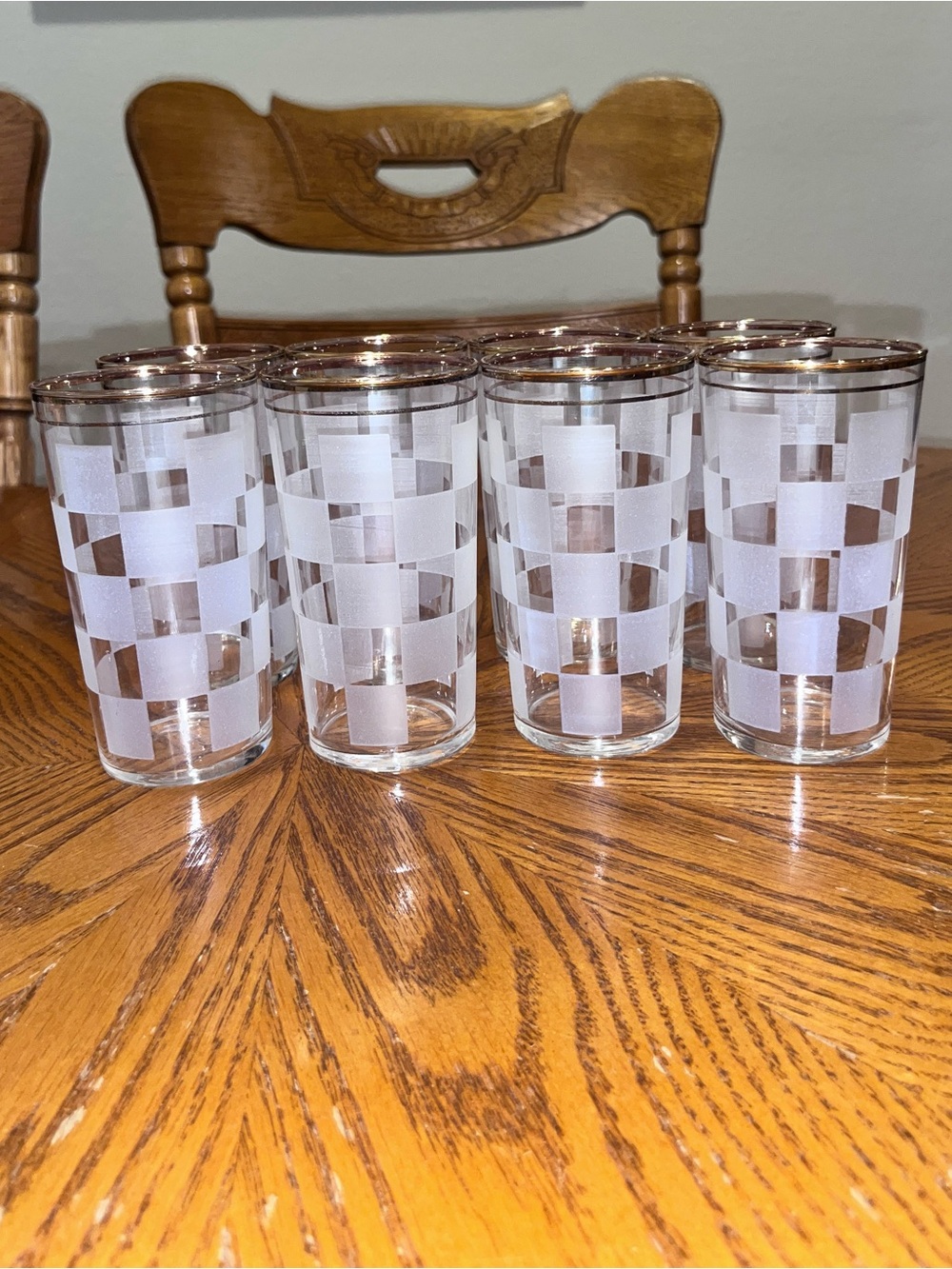 Vintage Federal Glass Frosted Checkerboard Tumblers With Gold Rim Set of 8